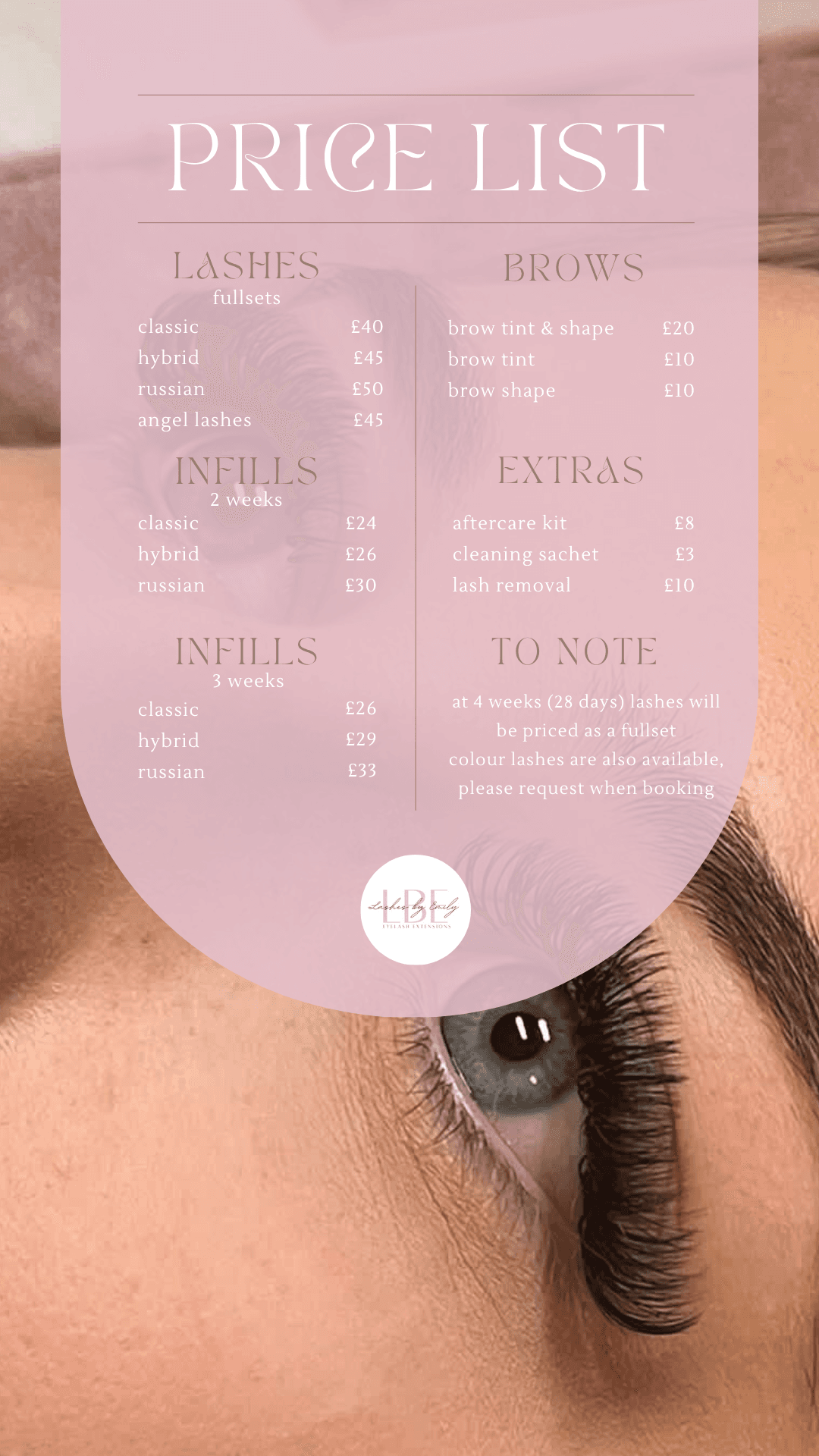 Price list — Lashes by Emily